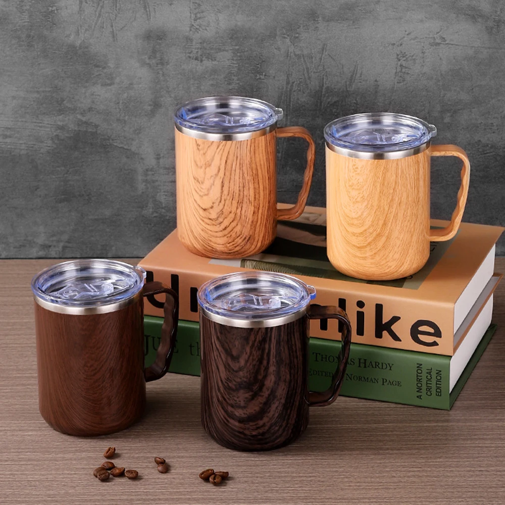 Morning Tea Coffee - Vintage wood grain stainless steel mug,